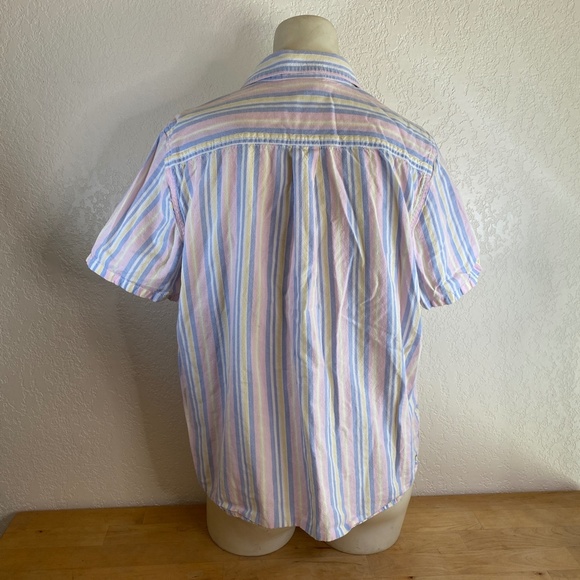 Blair Womens Med Pink Blue Stripe Cotton Blouse Button Front Short Sleeve Pocket - Picture 7 of 10